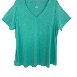 J Jill Womens 100% Pima Cotton Slub-Knit  V-neck Tee Green 3/4 Sleeves Size XL